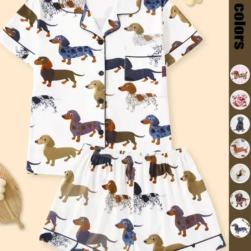 Women's Cartoon Dog Print Short Sleeve Pajama Two-piece Set, Casual Comfy Lapel Neck Button Design Pajama Sets for Daily Home Wear, Ladies Sleepwear for All Seasons