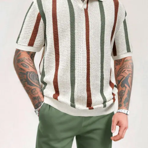 Father's Day Gift, Men's Striped Print Short-Sleeve Top & Shorts Two-Piece Set, Casual Matching Sets, Casual Clothing Set, Casual Cozy Breathable Summer Outfit for Beach Vacation, Menswear, Clothes