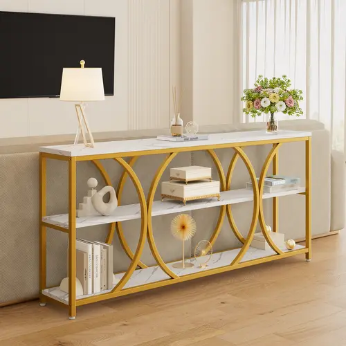 【SummerFinds】ONBRILL Modern Console Table - 70.8in Extra Long Gold Sideboard with 3-Tier MDF Storage Shelf, Geometric Frame, Faux Marble Top, Quick Assembly for Living Room, Coffee Bar, Long End Table Use, Coffee Bar Table, Living Room Tables