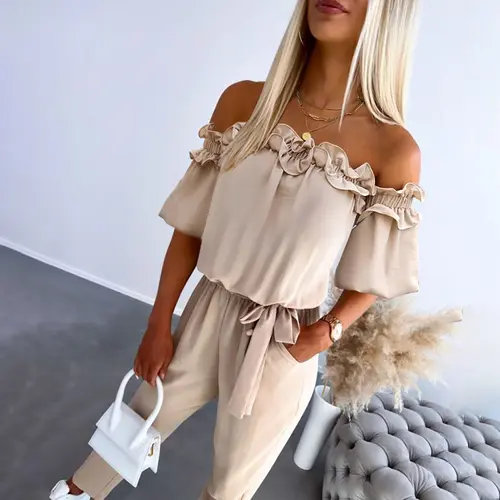 CHICME Women's Frill Hem Tied Detail Off Shoulder Wedding Guest Jumpsuit Womenswear with Pockets
