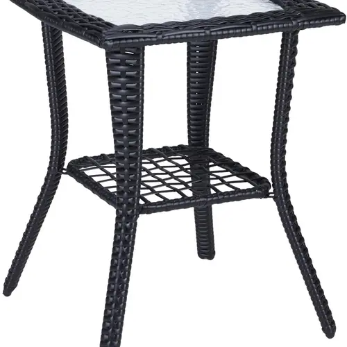 VINGLI Outdoor Side Table with Storage Wicker Patio Side Table, Tempered Glass Top End Table for Balcony Porch Deck