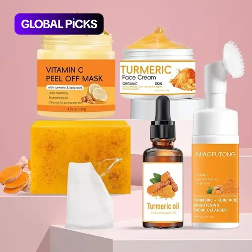 Turmeric Skin Care Kit, 6 Counts/set Including Soap & Face Cream & Mousse Cleanser & Face Oil & Vitamin C Peel Off Mask & Soap Bag, Skin Care Kit for Women & Men