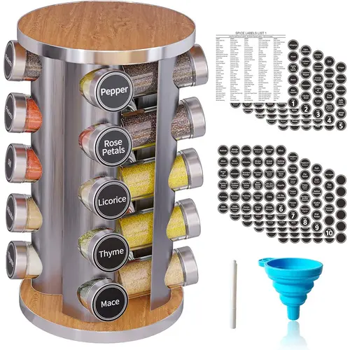 summerwins New England Stories 20-Jar Stainless Steel Smooth Rotatable Spice Rack Organiser - Durable Slim Profile Space-Saving Countertop Kitchen Accessory, 360° Multilayer Spice Storage Unit with 386 Labels for Pantry Home Supplies