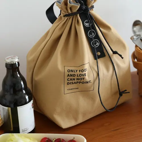 Letter Print Drawstring Lunch Bag, Bento Bag, Durable Canvas Lunch Bag with Adjustable Strap, Foldable Insulated Lunch Bag for Women & Men, Reusable Lunch Bag, Durable Lunch Bags, Lunch Bag Gift