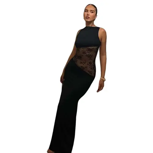 Women's Elegant Solid Slim Bodycon Maxi Dress - Polyamide Elastane Fabric, Sleeveless Crew Neck, Sheer Lace Patchwork, Back Cut-Out, Sleeveless Freedom for Night Out & Bachelorette Party