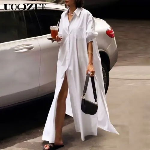 UOOZEE Women's Solid White Maxi Shirt Dress, Soft Light Cotton Long-Sleeve Button-Down with Side Split and Included Camisole, Lady, Elegant, Simple, Breathable, Comfortable, Casual, Basic