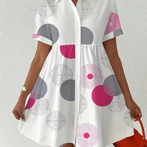 [Plus Size] All Over Print Shirt Dress, Casual Short Sleeve Collared Dress for Summer, Women's Clothes for Daily Wear, Womenswear, Casual Fashion Wear