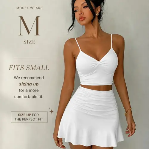 Women's Two-Piece Shortie Set, Two Pieces Sets, High Waist Ruched Skirt, Sleeveless V-Neck Camisole, Slim-Fit Casual, Elegant and Sexy Design