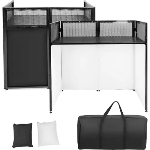 Foldable DJ Booth Setup - 20"x40" Tabletop Facade Station, Durable Sturdy Portable, Cable Management, Integrated Cable Channels, Space-Saving for Small Venues, Compact Storage, Travel-Bag Ready, 2 Small Gear Bags, Includes Hardware, Black-White Scrims