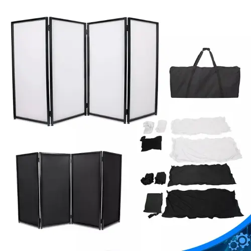 Stable Sturdy Portable Foldable Steel DJ Stage Facade Booth, 44x19.5" Black & White Lycra Scrim Panels Frame, 14 lb w/ Travel Bag, Rubber Feet, Multifunctional for Camera & Electronics Accessories