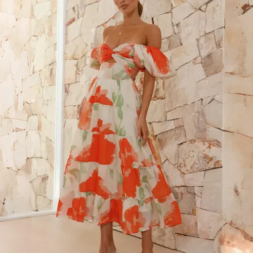 Women's Boho Floral Print Bubble Sleeve Dress, Casual Chic Sundress for Daily Outdoor Wear, Loose Summer Dress, Floral Prints Dress