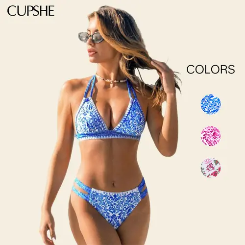 CUPSHE Boho Shell Stitch Bikini Sets | 2026 Mediterranean Blue Halter Two Piece Swimsuit | Trendy Cheeky Bottoms & Supportive Removable Cup Bathing Suit Bathing suit #summerfinds