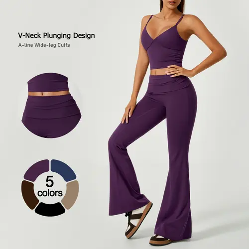 TIMEOFF Women's 2-Piece Athletic Sportswear Set - Deep V Crop Cami & Flared Pants, Adjustable Minimalist Fabric, Buttock-Lifting Sculpting, Back Hollow-Out, Breathable Athleisure Wear for Yoga & Workout Daily Use, Women's Fitness 2 Piece Sets, Tops For Wo