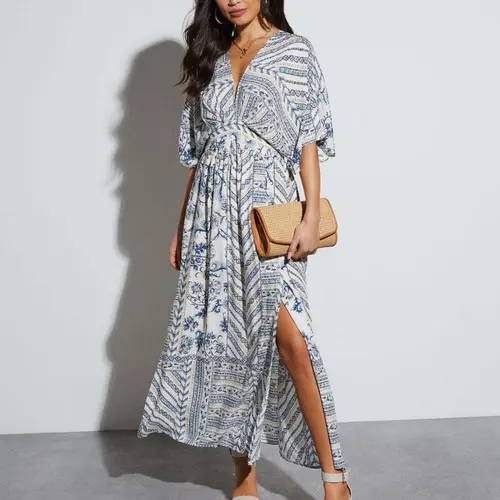 Women's All Over Print Batwing Sleeve Split Thigh Dress, Casual Boho Fit, Boho Chic Dress, for Beach Holiday Vacation, Boho Summer Outfit