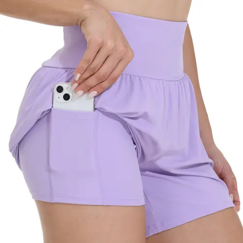 Women's High-Waisted Workout Shorts - Flowy Gym Yoga Running Athletic Shorts with Pockets, Cute Summer Sweatpants, 4 Ways Stretch Fabric, Side Hidden Pocket & Back Pocket, Fashion Look, Trendy Athleisure Clothes