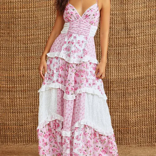 Women Boho Tie Shoulder Maxi Dress Y2k Floral Smocked Long Dress Sleeveless Flowy Summer Beach Sundress Lightweight