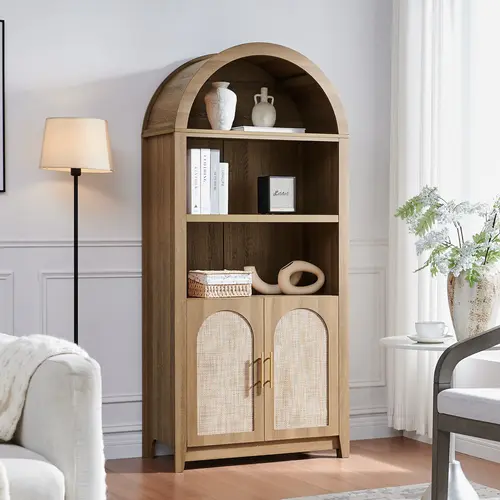Arched Cabinet Bookshelf Bookcase - 69.3” Tall Mid Century Arched Display Cabinet, Rounded Bookshelf with Rattan Doors, Open Shelf Storage for Dining Room