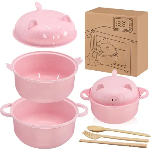 ONESHOW HOME Cute Wheat Straw 43oz Ramen Cooker Tableware Set - Microwave Safe, Ergonomic Piglet Design, Includes Chopsticks & Spoon, For Ramen+Pasta+Sauce, Less Scrubbing, Child Essential (Summer Mid-Year Restock Sale)