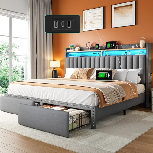 Luxury Bed Frame for Queen with 2 Storage Drawers & Shelves, MATTRESS NOT INCLUDED, Bed frame with LED &Charging Station, Queen, King, Full Size, Upholstered Platform Bed Frame with Headboard, Noise-Free
