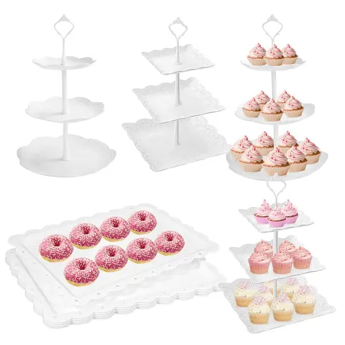 10Pcs/7Pcs White Plastic Dessert Table Stand Set 4Pcs 3-Tier Cupcake Display Stands 6Pcs Dessert Serving Trays or  2Pcs 3-Tier Plastic Cake Stands 1Pc Display Tower  4 packs of rectangle plastic serving tray Cake Display Tower for Party