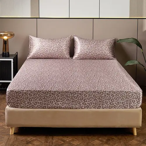 Leopard Print Fitted Sheet & Pillowcase Set, Bed Sheets, 3 Counts/set Including 1 Count Fitted Sheet & 2 Counts Pillowcases without Filler, Bedding Supplies for Home Bedroom, Bed Linens, Polyester Bedding Sets