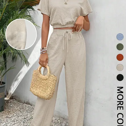 Women's Solid Color Top & Wide Leg Pants Two-piece Set, Casual Fashion Cozy Top & Trousers for Daily Outdoor Wear, Ladies Summer Clothes, Everyday