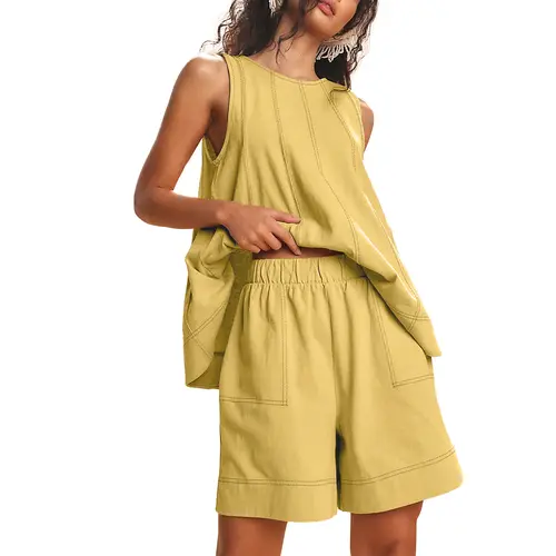UANEO Womens 2 Piece Outfits Sleeveless Matching Sets A Line Tank Tops Contrast Stitching High Waist Shorts with Pockets Summer