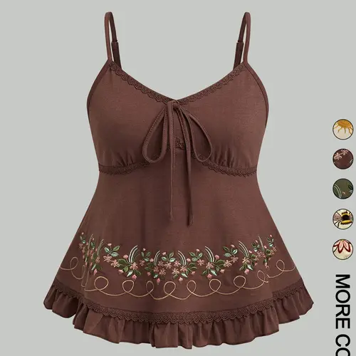 1 Pc Women's Floral Embroidered Ruffled-Hem Fitted Casual Chic Sleeveless Camisole, Casual Feminine Soft Stretchy Fabric with Adjustable Straps, Cute Embroidery Patterns (Flower/Bee/Sun), Lace-Trim Babydoll Top, Womenswear #GLOBAL PICKS