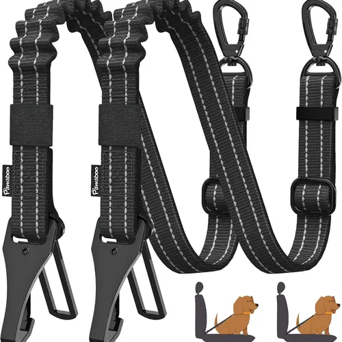 Pawaboo 2-Pack Dog Car Seatbelt, 3-in-1 Bungee Elastic Woven Strap Tether with Secure Safety Buckle & Hook Latch, Adjustable Reflective Harness Leash for Small/Medium/Large Dogs with 360° Lockable Buckle