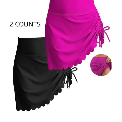 Women's Solid Color Scallop Trim Asymmetrical Hem High Waist Swimsuit Skirt with Built-In Shorts, Skirts with Shorts Underneath, High Stretch Drawstring Swim Bottoms for Beach Holiday, Ladies Swimwear