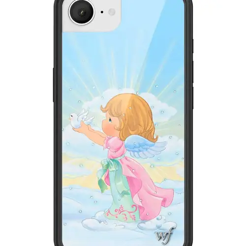 Precious Moments - Angel | Limited Edition Trendy iPhone Collaboration Case | Raised Protective Black Bumper | Women Owned Small Business | Vibrant Baby Blue Cloudy Sky Background Cute Collab Angel Girl Love | Safety Casing Protective | Gift for Her