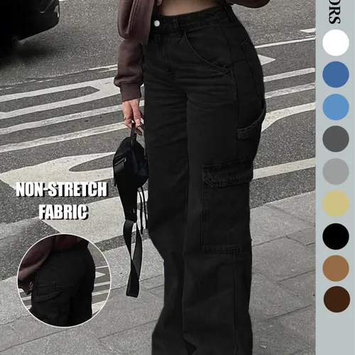 NVFelix Women's High Waist Baggy Loose Cargo Jeans Y2K Streetwear Wide Leg Denim Pants for Fall/Winter, Suitable for Commuting and Everyday Wear