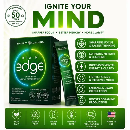 Nature's Sunshine Brain Edge Stick Packs - Ignite your Mental Performance-Yerba mate, Gingko. Energy Green Natural Beverage
