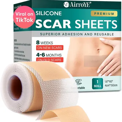 AirroYE Premium Silicone Scar Tape Roll - 1.6"x60" Reusable 3M Adhesive for Surgical Healing, Hypertrophic/Acne Scars Treatment, Stretch Marks Care & Burn Therapy