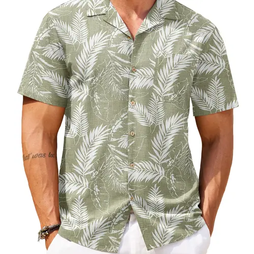 COOFANDY B Men's Cotton Linen Tropical Holiday Beach Shirt Classic Floral Menswear Top Overall Collar Casual Shortsleeve