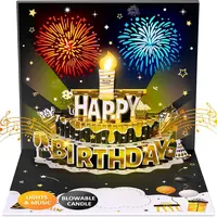 INPHER DIY Fireworks Pop-Up Cake Greeting Card with Light and Music, Black and Gold Birthday Gift Card for Men, Women, Interactive Greeting Card,back to school,back to school haul