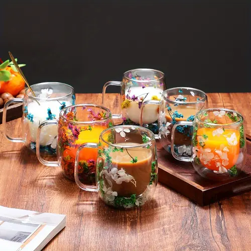 【FaddishDeal】Double Walled Glass Flower Tea Mug, 390ml Transparent Glass Water Cup with Dry Flowers, Insulated Drinkware Tumbler, Gift Idea for TikTok Shop Back to School