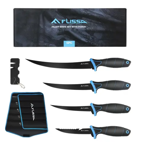 #backtoschool FLISSA Fillet Knife Set, Boning Knife & Bait Knives with Sharpener, Protective Sheath, Belt Clip, Non-Slip Handle, Portable Pouch & Corrosion Resistant Coating Blade, for Fresh or Saltwater (4-Pack)