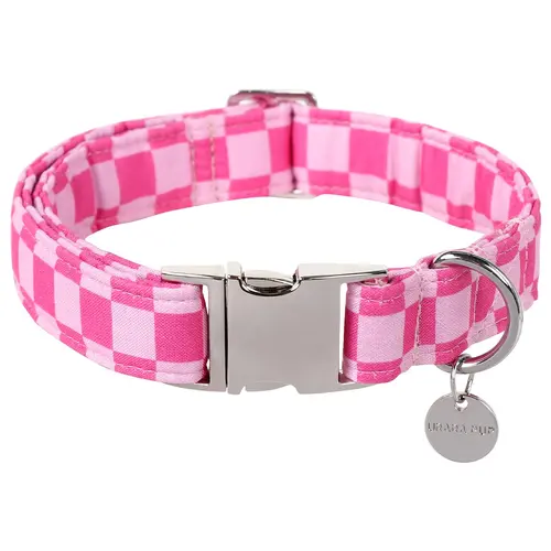 Cute Pink Plaid Dog Collar - Adjustable Collars for Small, Medium, Large Dogs, Breathable Cotton Keeps Cool, Durable Cotton for Daily Use, Chew Resistant, 1"–20.87" Fit Pet Accessory