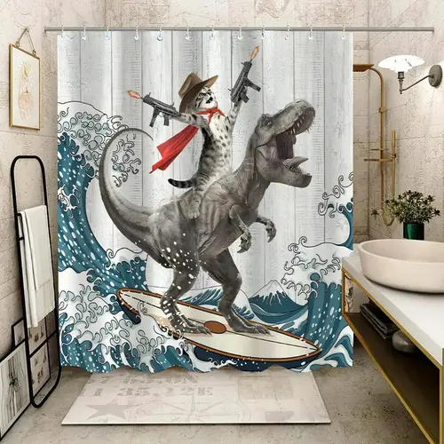 Dinosaur and Cat Pattern Removable Shower Curtain, Decorative Shower Curtain, Bathroom Curtains Shower, Waterproof Bathroom Curtain with 12 Hooks, Decor for Home, Hotel, Apartment, Dorm, Spa and Restroom, Decoration