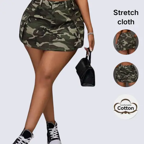 Women's Camo Camouflage Elastic Mini Short Multi-Pocket Button Work Denim Skirt Bottom, Fashionable, Casual Style, Everyday, Perfect for Daily Wear, Parties, Commuting, Versatile