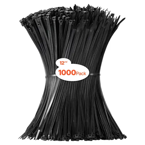 【Summerfinds】VEVOR 1000-Pack 12-in Heavy Duty Cable Ties, 50LBS High Tensile Strength, 0.18-in Width BPA-Free Nylon Tie Wraps, Self-Locking Heat & Cold Resistant Bulk Pack for Securing Bundles (Indoor/Outdoor Use)
