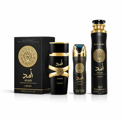 Lattafa Asad Unisex 3-Piece Aromatic Luxurious Fragrance Gift Set - 3.4 fl oz EDP, 200ml Deodorant, 300ml Air Freshener - Warm Spicy Amber & Vanilla, Spicy Woody Captivating Scents - All-In Selfcare From Body To Room, Ready-To-Gift Father's Day Pick