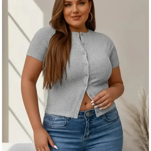 Plus Size Fitted Basic Solid Ribbed Short Sleeve Round Neck Top, Casual Button Front Button Down Closure Top for Summer, Women's Clothing for Daily Wear