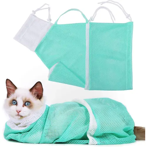 Green Cat Grooming Bath Restraint Bag - 1-Piece Polyester Adjustable Breathable Grooming Supplies, Anti-Bite Anti-Scratch for Bathtub Use, Trim Nails Safely, Universal Fit (12in Head, Max 15.5lb, Left/Right Paw Access)