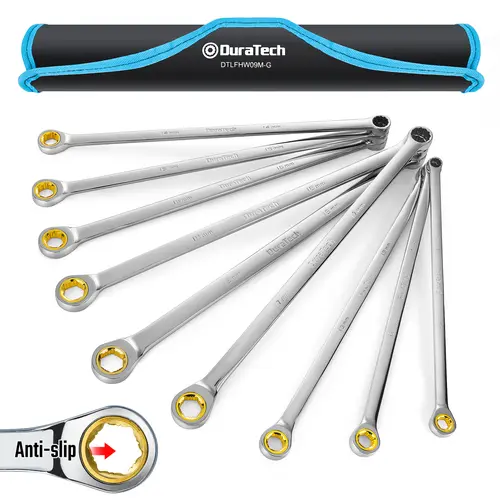 #backtoschool DURATECH Extra Long Anti-Slip Ratcheting Wrench Set, Double Box End Wrench Set, 9-Count, Metric, 10, 12, 13, 14, 15, 16, 17, 18, 19mm, CR-V Steel, with Rolling Pouch