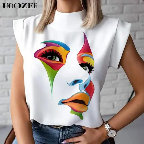 UOOZEE Lady's Everyday Cute Mock Neck Short-Sleeve T-Shirt - Cap Sleeve Option, Loose Breathable Polyester Fabric, 3D Face Print, Casual Streetwear Top (Pairs with Jeans, Multi-Color), Shortsleeve, Human, Fitted, Trendy Shirts, Embellished Neckline Women'