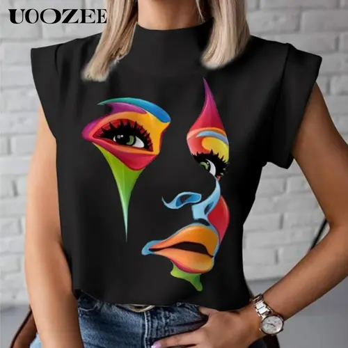 UOOZEE Women's T-shirt with Cute Mock Neck Eye Print, Casual Loose Fit Polyester Top with Cap Sleeves for Everyday Wear, Tshirt, Fabric, Lady, Fitted, Style, Breathable, Comfortable, Shortsleeve