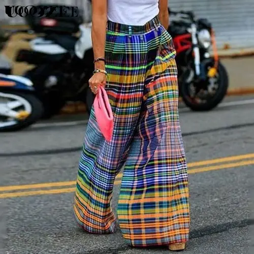 UOOZEE Women's High-Waisted Polyester Gingham Checkered Boho Pants - Baggy, Oversize, Wide-Leg Casual Bottoms, Machine Washable Women's Clothes,back to school shopping
