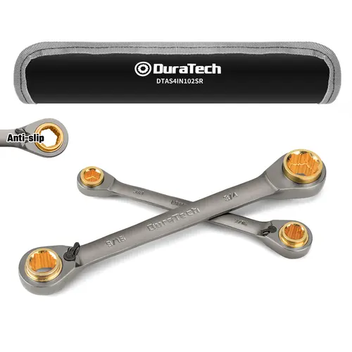 #fathersdaygift DURATECH Anti-slip 4-in-1 Reversible Ratcheting Box Wrench Set, Double Box End, SAE, 2-Piece, 5/16, 3/8, 7/16, 1/2 & 9/16, 5/8, 11/16, 3/4-Inch, CR-V Steel, Nickel Plated, with Rolling Pouch